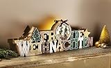 LED-Schriftzug Frohe Weihnachten | 45 cm Länge | winterliche Szene im Scherenschnitt-Stil mit integrierter Beleuchtung | filigranen Miniatur-Winterszene