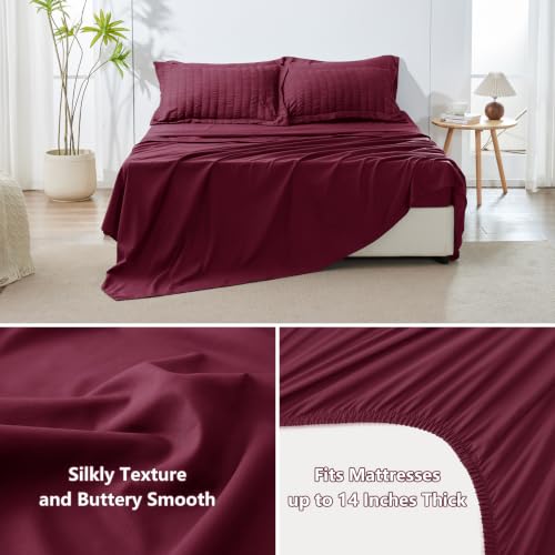 Image of HIMEET Full Comforter Sets, 7-Piece Seersucker Bed in a Bag, Burgundy | 90 GSM Brushed Fabric, 240 GSM Fill, 14-Inch Deep Pocket, OEKO-TEX Certified, Soft & Lightweight for All-Season Use
