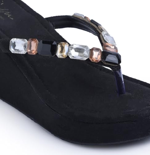 Image of JM LOOKS Women's Rhinestone Sandals High | Low Platform T-Strap Jewel Sandals High Wedge Flip Flops Sandal Summer Beach Sandal