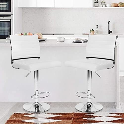 Sunseen Square Modern Pu Leather Bar Stools, Adjustable Swivel Hydraulic Bar Chairs, Armless Counter Height Stool For Dinning Kitchen Set Of 2 (White) #TOP1