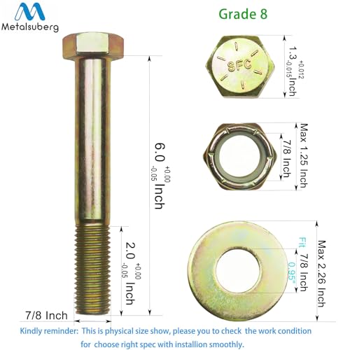 Image of 7 /8 inch x 6 inch Hex Head Bolt by Color Galvanization with Nylon Lock nut and Large Size Washer Assortment Kit,Alloy Steel,Grade 8.(4pcs Pack),by Metalsuberg