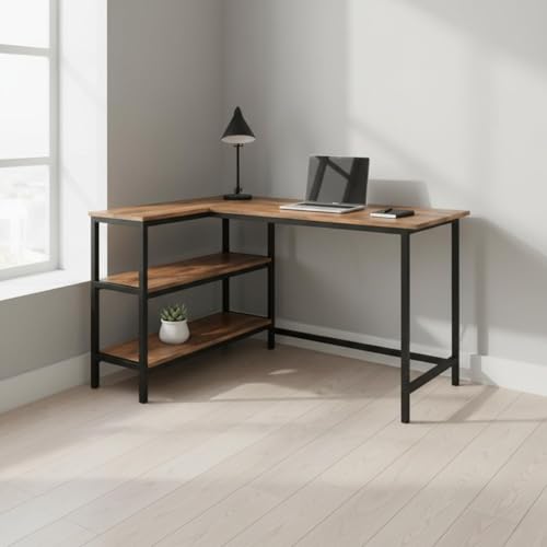Image of Amazon Brand - Solimo L-Shaped Study Table for Students & Adults | Computer Table for Home Office & Gaming | Corner Computer Desk in Wood & Metal | Anders - Forest Dark & Black | DIY Installation