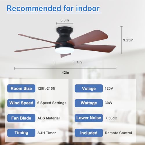 Image of Depuley 42-Inch Ceiling Fans with Light: Walnut 5 Blade Low Profile Ceiling Fan for Kitchen Bedroom - Flush Mount Ceiling Fan for Indoor /Outdoor with Remote Control Reversible Timer - 2 Packs