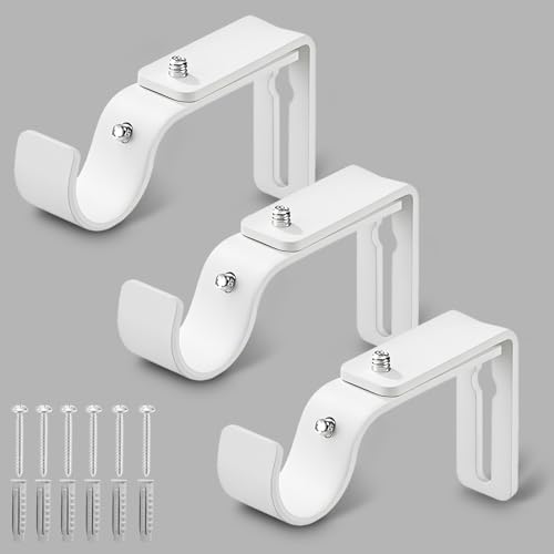LLPJS Curtain Rod Bracket Adjustable, Drapery Rod Holder Hooks Support Hangers for 1 inch Diameter Window Curtain Rods (White, 3-Pack)