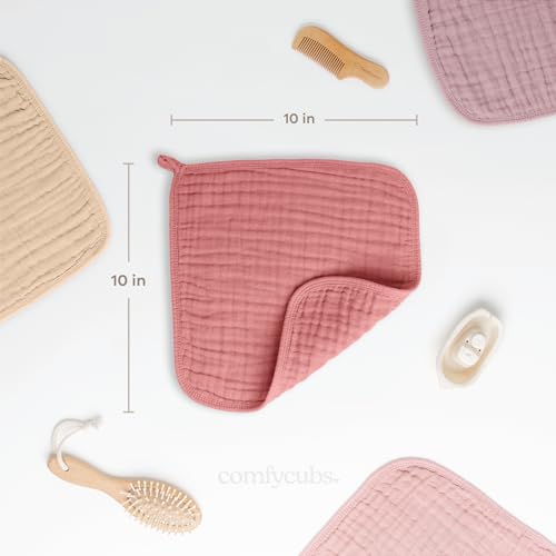 Image of Comfy Cubs Muslin Baby Washcloths 10 Pack - Soft 6-Layer Cotton Wash Cloths for Sensitive Skin - 10 inchx10 inch Large, Gentle, Absorbent Infant Essentials for Newborn and Toddlers - Multi Girl