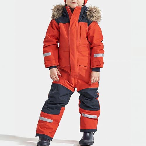Foto von L SERVER Kinder Skianzug Jungen mit Kapuze Winddichte Wasserdichte Schneeoverall Mädchen Warmer Schneeanzug Dickere Skioverall mit Reflektierenden Streifen, Orange, 152-158