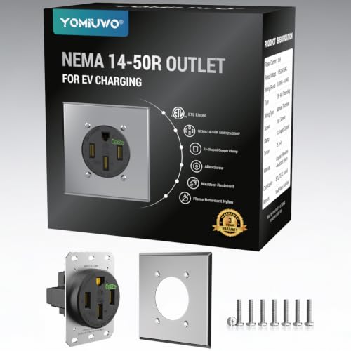 Image of 50 Amp EV Charging Receptacle /Nema 14-50 EV Outlet with Wall Plate: Weather Resistant Straight Blade,2.42 inch Diameter, U-Shaped Brass Clamp -Industrial Grade, 3-Pole 4-Wire Grounding,125 /250V,ETL Listed