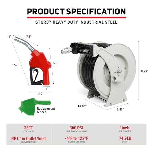 Fuel Hose Reel 1" x 33', 300 PSI Heavy-duty Steel Construction with Refueling Nozzle, Diesel Fuel Reel Used for Aircraft Ship Vehicle Tanker Truck