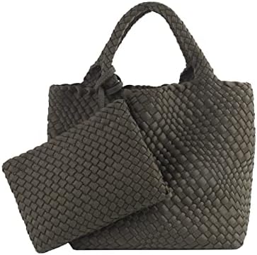 Designer Woven Tote Bag + Purse Women Neoprene Tote Handbag Fashion Large Shoulder Top-Handle Travel Bag Underarm Shopper Bag (D-Green)