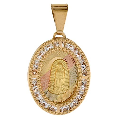 Silver City Jewelry, Inc. 7/8 Inch (22Mm) Oval Genuine 14K 3-Color Gold Cubic Zirconia Guadalupe Pendant For Women & Men Diamond Cut Back No Chain #TOP14