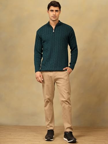 Image of Kvetoo Men's Wool High Neck Zipper Sweater, Full Sleeve Cable Knit Quarter Zip Winter Pullover