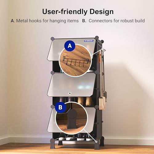 Image of BOXJOY 6 Shelf Shoe Rack with 3 Transparent Doors, 5 Hook Steel Holder & Wooden Hammer, Home Storage PP Plastic Organizer with Metal Door Frame to Cover Chappal Slipper Sandals Shoes Box Stand (Black)