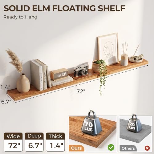 Image of Elm Floating Shelves for Wall - 72 in Rustic Solid Wood Shelves with Heavy-Duty Invisible Bracket, Long Wall-Mounted Wooden Shelf for Living Room, Bathroom, Kitchen Storage & Display, Set of 1,Natural