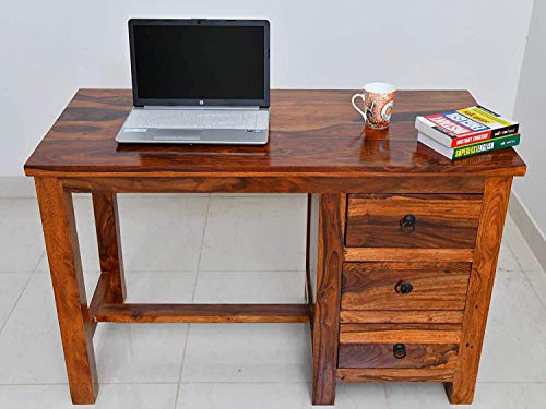 Image of Wooden Study Writing Table with 3 Storage Drawer for Study Room Living Room Hall Home Office Soild Sheesham Wood | Honey Finish