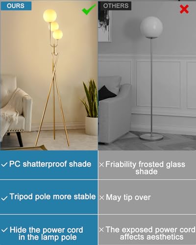 Image of Lightdot Gold Floor Lamp Dimmable Mid Century Tripod Floor Lamp with 3 Pole Lights with 3Pcs 3000K Bulbs Included Tripod Standing Lamps with Stable Base for Living Room /Sofa Beside /Corner Decor