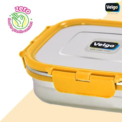 Image of Veigo Original Set Pack of 3 Stainless Steel Airtight & Leakproof Medium Lunch Box with Silicon Ring & Polymer Frame for Re-Heating|Safe Lid Lock|Square (330ML) Yellow