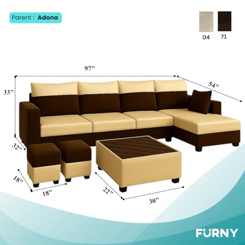 Image of FURNY Arissa 8 Seater Fabric RHS L Shape Sofa Set with 1 Centre Table & 2 Puffy (Cream-Dark Brown) Premium Velvet Finish | Durable Comfort | Ideal for Living Room