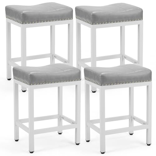 Comparison: Best Stools For Kitchen Island 3 DUMOS Saddle Bar Stools Set of 4, 24 Inch Counter Height Stools with Curved PU Leather Surface, 3.7" Thick Upholstery Bar Height Stools with Footrest for Kitchen Island, Dining, Cafe, Gray