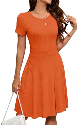 Image of Newshows Womens 2025 Summer Dresses Short Sleeve Ribbed Knit A-Line Swing Beach Vacation Outfits Casual Sundress with Pockets