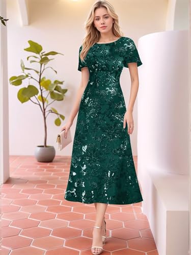 Tea Length Mother of The Bride Dresses Sequin Sparkly Beaded Short Sleeves A Line Formal Evening Dress for Women4