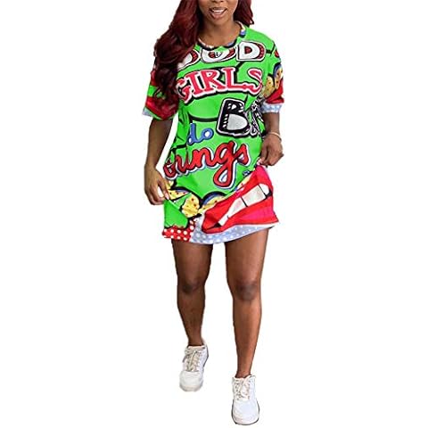 Women's Cute O Neck Short Sleeve Letter Lips Print Loose T-Shirt Mini Dress Tops Clubwear Green S Cover