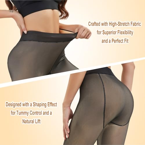 Image of Fleece Lined Tights Women Warm Thick Pantyhose Fake Translucent Fleece Sheer Tights Thermal High Waist Leggings
