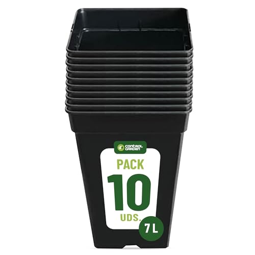 Control Garden Pack 10 Macetas Cuadradas para Plantas Negra 7 L - Diez Maceteros de Plástico para Flores - Tiesto para Cultivos Resistente