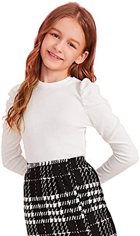 Floerns Girls Solid Puff Long Sleeve Round Neck Rib Knit Shirt Tee Top White 9Y