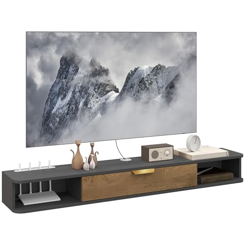 HOMCOM 140 cm Floating TV Stand Cabinet, Wall Mounted TV Cabinet with Open Compartments and Flip Door, Modern Entertainment Media Console for Living Room, Charcoal Grey