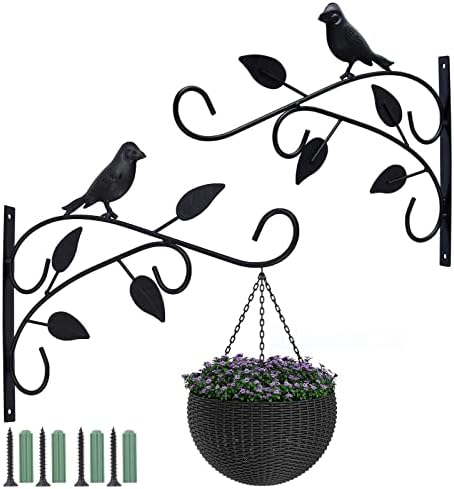 Kyrio 2 Pack Hanging Basket Bracket Outdoor, 12 Inch Wall Hanging Plant Hook Metal Retro Garden Hook Decorative Plant Brackets for Hanging Plants Bird Feeders Lanterns (4 Leaves)