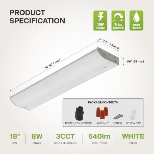 Image of ASD LED Under Cabinet Lighting, 18 inch 8W 715 LM, Dimmable Hardwired Under Cabinet Lights for Kitchen, 3000K Soft /4000K Cool /5000K Daylight, Under Counter Light Fixtures, ETL, White, Bullnose Design
