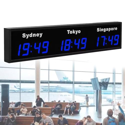 Cashwise Orologio Mondiale con Fuso orario da Parete per 3/4/5 Città, Orologio Mondiale Digitale a LED in Lega di Alluminio per casa, Hotel, Ufficio, aeroporti, aziende multinazionali Blue-3City