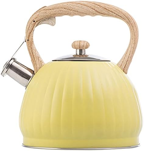 Tea Kettle, 3.7 Quart (3.5-Liter) Teapot for Stovetops Wood Pattern Handle with Loud Whistle Food Grade Stainless Steel Tea Pot Water Kettle (Yellow)