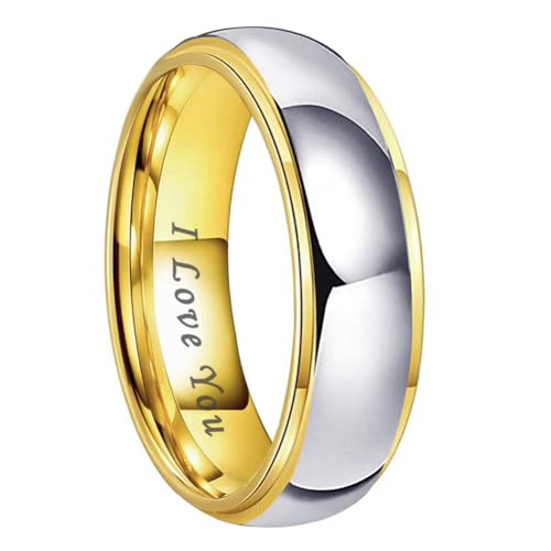 TUTISS 6mm Gold Tungsten Wedding Bands Engagement Rings for Men Women Couple Fashion Jewelry I Love You Engraved Domed Stepped Edges Polished Shiny Size 8.5
