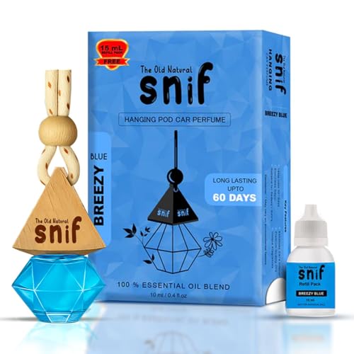 The Old Natural Snif Diamond Hanging Car Perfume Car Air Freshener with Refill Pack (Breezy Blue 10ml 15ml Refill Pack)
