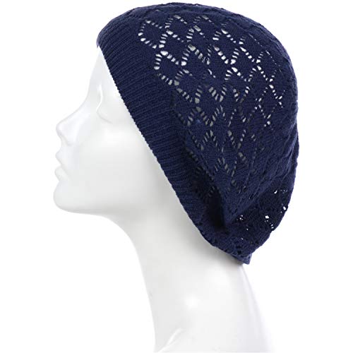 An Womens Crochet Hat Flower Beanie Beret Fashion Accessory Lightweight Knit Cap (One Size, 5120-Navy) #TOP5