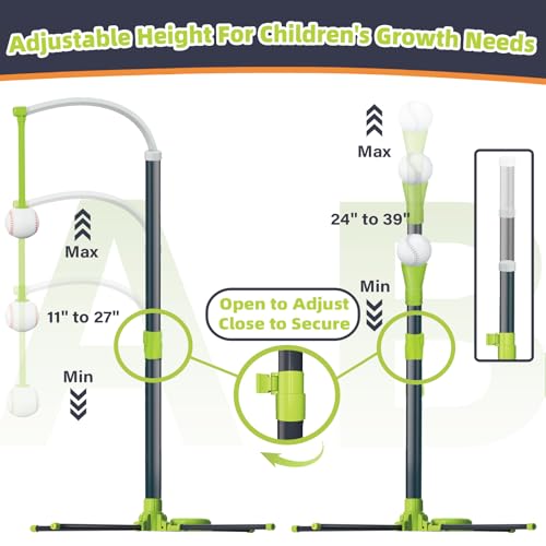 3-in-1 Baseball Set für Kinder, Höhenverstellbares Hängendes Baseball-Schlag-Tee-Set mit 2 Schlägern, Baseball-Schlagständer, Ballwerfer für Kinder, Sportspielzeug Außen/Innen für Jungen Mädchen