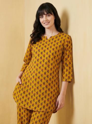 Image of Bee M Pee Designer Trendy Floral Printed Cotton Kurta Coord Sets for Women | Stylish Casual Tunic Kurti Set with Pant for Woman for Office
