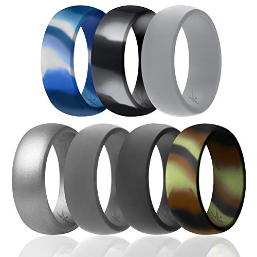 ROQ Silicone Rubber Wedding Ring for Men, Comfort Fit, Breathable Rubber Engagement Band, Men's Wedding Band, 8mm Wide 2mm Thick, Dome Solid, 7 Pack, Arctic Camo, Black Camo, Light Grey, Camo, Black, Grey, Silver, Size 12