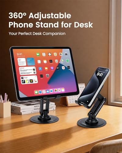 LENTION 360° Rotating Phone Stand, Adjustable Foldable Desktop Phone Holder, Weighted Stable Base, Custom Tension Joint, Universal Cell Phone Cradle Dock for iPhone Samsung All Smartphones, Black — view 2