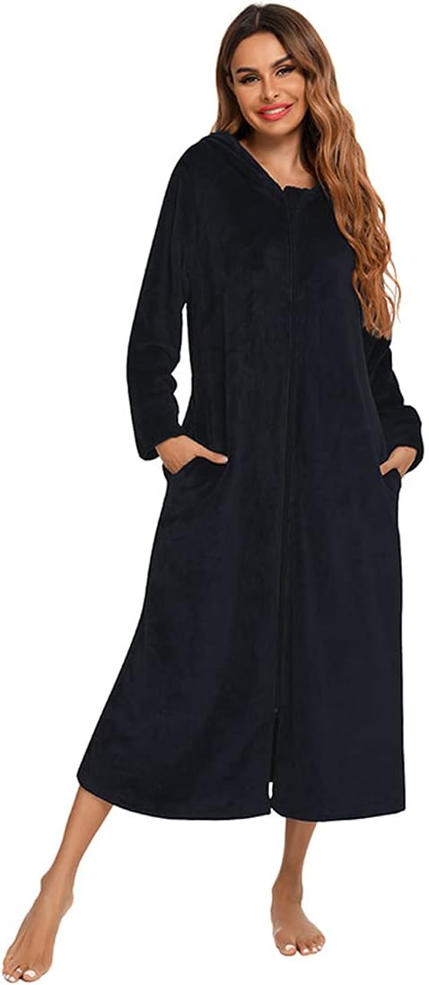 Verve JellyWomen's Hooded Bathrobe Flannel Long Sleeve Robe Loungewear Soft Warm Nightgown Zipper Front Sleepwear Winter Housecoat