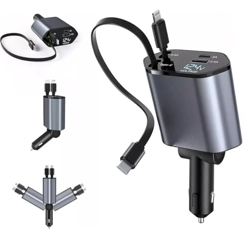 ASECAM Cargador de Coche Retráctil 4 en 1 - Cargador Rápido USB-C...