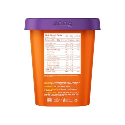 Image of Yogabar 100% Pure Peanut Butter | Creamy & Yummy Unsweetened | Slow Roasted | Non-GMO Premium Peanuts | No Added Sugar - 400gm