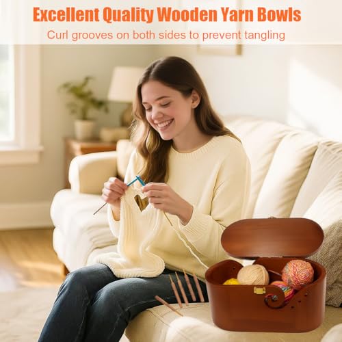 Sivlnian Portable Oval Wooden Yarn Bowl - with Lid, Lock & Handle, 9 Knitting Hooks Set, Perfect Organizer for Threads & Knitting Supplies - Thumbnail 2
