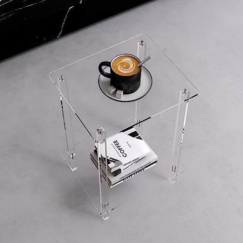 Eglaf Acrylic Side Table Set of 2-13.4\'\' L x 11.5\'\' W x 19.6\'\' H Small End Table Clear Nightstand Bedside Table for Living Room, Bedroom, 2-Tier, Square Leg
