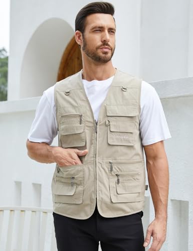 Image of Gihuo Men's Fishing Vest Utility Safari Travel Vest with Pockets Outdoor Work Photo Cargo Fly Summer Vest