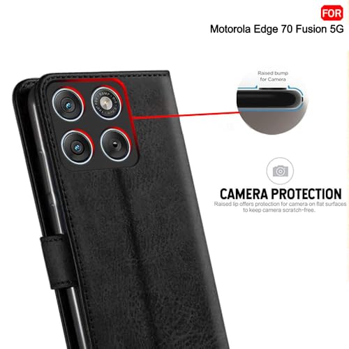 Image of TheGiftKart Flip Cover Back Case for Motorola Moto Edge 70 Fusion 5G | Genuine Leather Finish | Designer Button | Inbuilt Pockets & Stand | Wallet Style Flip Back Cover Case (Faux Leather, Black)