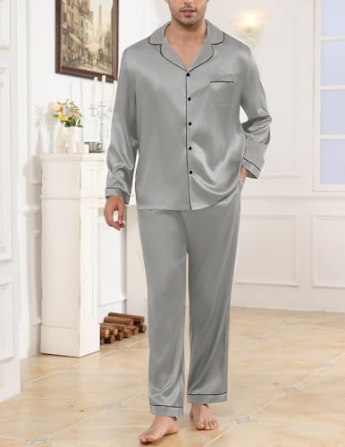 Image of Veseacky Mens Silk Satin Pajamas Set Short Sleeve Sleepwear Button-Down Pjs Sets Two-Pieces Loungewear with Pockets S-XXL