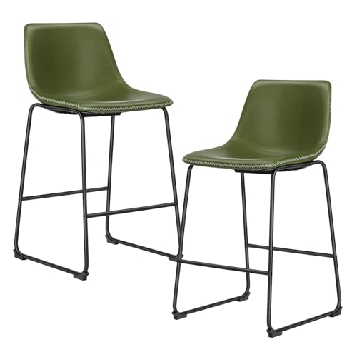 Image of DUMOS Bar Stools Set of 2, Faux Leather Counter Height Bar Chairs for Pub | 26 Inch Barstools with Back, Metal Legs, Footrest, Armless, Modern, Kitchen Island, Living Room, Cafe, Green