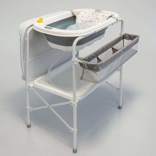 BATHBY | Bañera Bebé con Patas Multifuncional 6 en 1: Plegable con Soporte, con Termómetro, Cojín Reductor, Cambiador, Bandeja y Cesta Organizadoras, Desagüe con Tubo y Soporte para Ducha (Gris Pro)